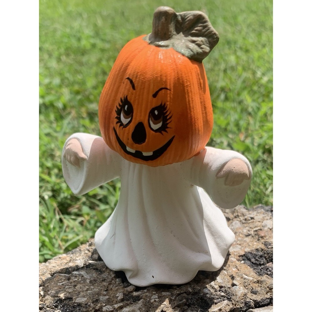 Vintage Halloween Pumpkin Ghost Ceramic Figurine Spooky Cute Decoration